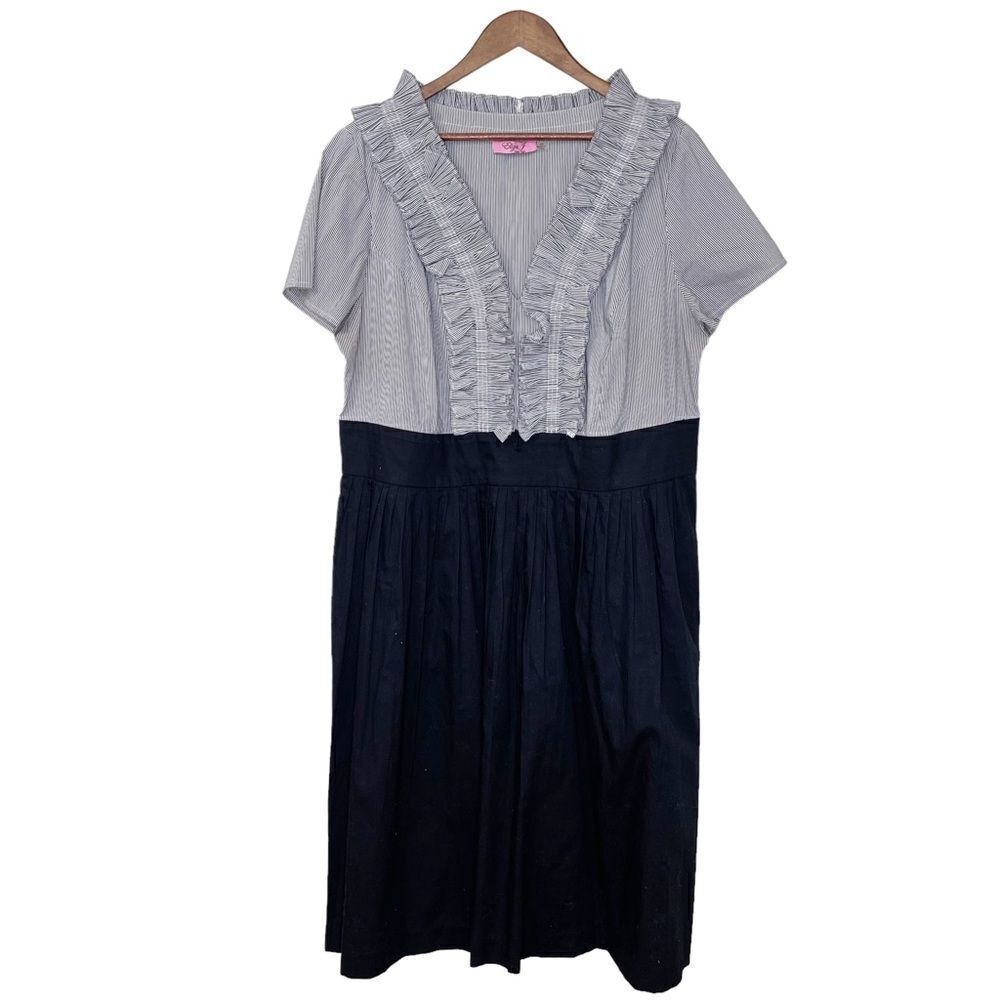 Eliza J.  Striped Ruffle Front Pleated Cotton Blend Dress Size 18W